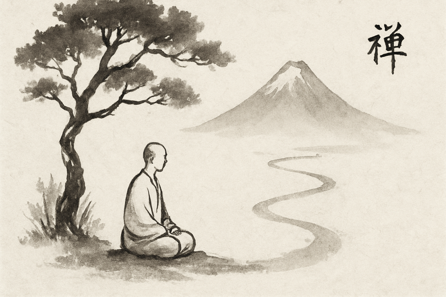 A minimalist ink calligraphy sketch showing a monk meditating under a tree with mountains in the background, drawn in traditional East Asian brush painting style with elegant brushstrokes on textured paper